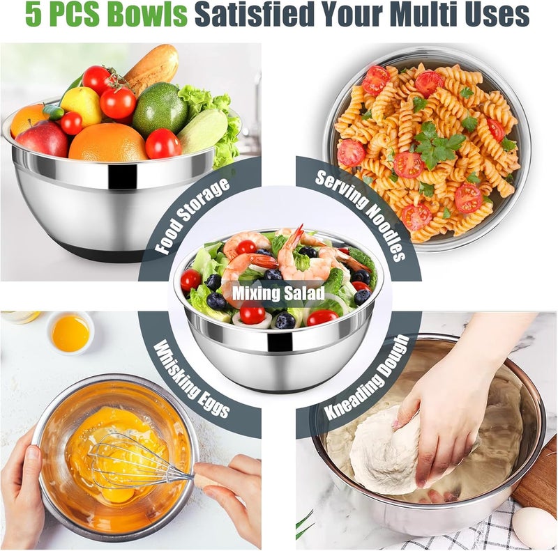 P&P CHEF Mixing Bowl with Lid Set, 5 Piece Stainless Steel Mixing Nesting Bowls for Salad Storage, 3 Grater Attachments & Non-Slip Bottoms, Size 1/1.5/2 / 2.6/4.6 QT, Black - Image 4